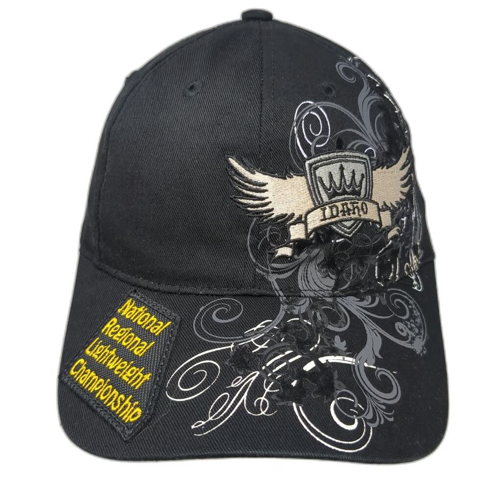 American Crown Baseball Cap Black One Size Distressed Idaho Strapback Hat Shield